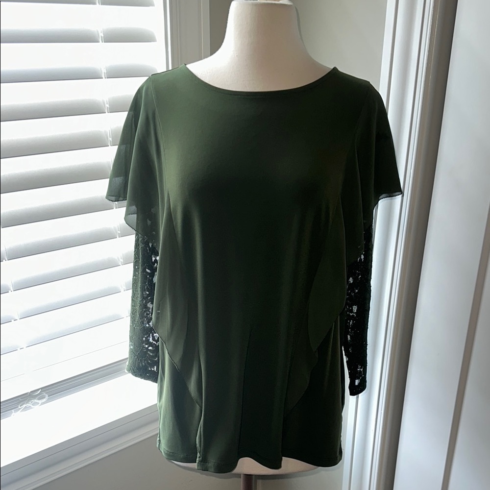 Susan Graver Relaxed Green Short Sleeve Blouse Lace Sleeves